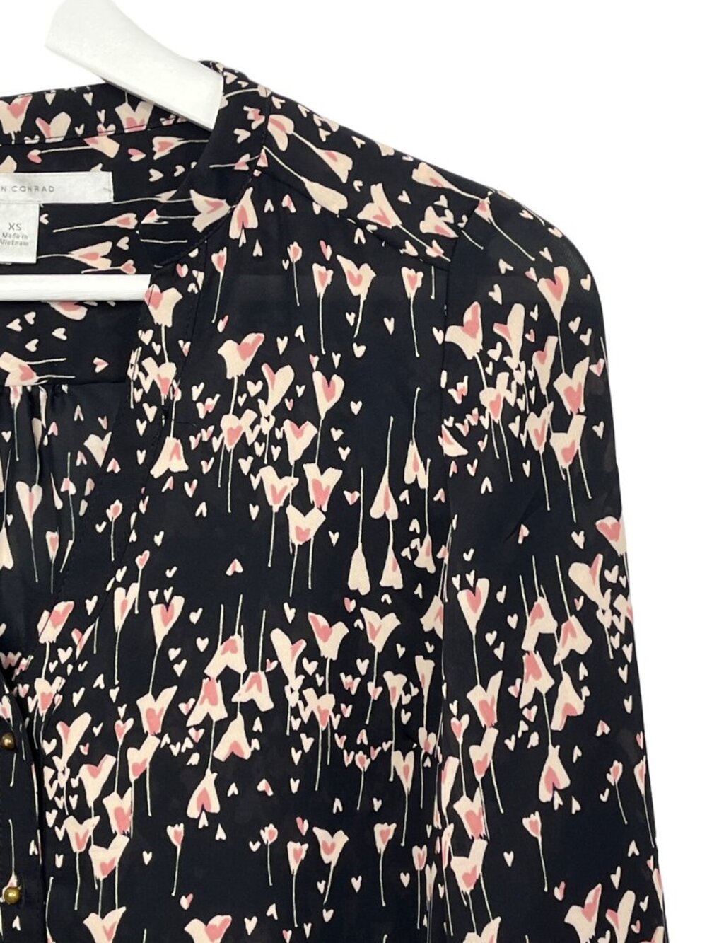 LC Lauren Conrad Womens XS Black Pink Floral Roll Tab Sleeve Blouse - Picture 8 of 12